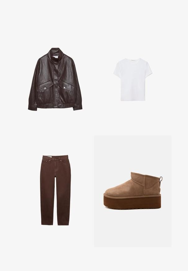 Veste en cuir marron avec un col haut, deux grandes poches avant, des accents de boutons-pression et une taille élastiquée. Fini texturé et mat.; T-shirt blanc à manches courtes en tissu doux. Dispose d'un col rond et d'un design simple et épuré avec un ourlet droit.; Jean marron à jambe droite avec bouton frontal, fermeture éclair et design à cinq poches sur fond blanc.; Bottine marron en daim de hauteur moyenne, style slip-on, avec une semelle épaisse compensée et un onglet à l’arrière sur fond clair.