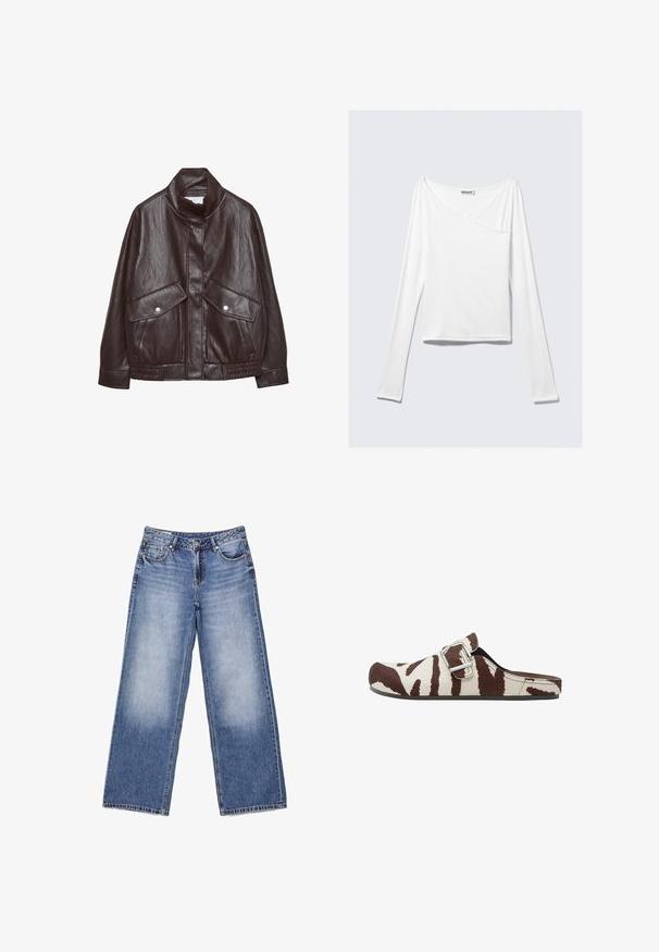 Veste en cuir marron avec un col haut, deux grandes poches avant, des accents de boutons-pression et une taille élastiquée. Fini texturé et mat.; Haut blanc à manches longues avec un design croisé et une poche. Fabriqué dans un tissu lisse et extensible. Coupé dans une coupe décontractée et ample.; Jeans en denim bleu clair à jambes larges avec poches avant, passants pour ceinture, fermeture par bouton et légère décoloration sur les cuisses avant.; Mule à enfiler avec imprimé zèbre marron et blanc, doté d'une bride avec boucle argentée et d'une semelle plate noire.