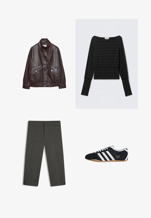 Veste en cuir marron avec un col haut, deux grandes poches avant, des accents de boutons-pression et une taille élastiquée. Fini texturé et mat.; Top noir à manches longues avec fines rayures grises horizontales, encolure bateau, taille ajustée et poignets allongés de la marque Weekday.; Pantalon droit gris foncé avec fentes latérales en bas, ceinture plate devant et surpiqûres discrètes, présenté à plat sur fond blanc.; Sneakers en suede noir avec trois bandes blanches, logo doré et semelle en caoutchouc marron. Présente un design à lacets à profil bas.
