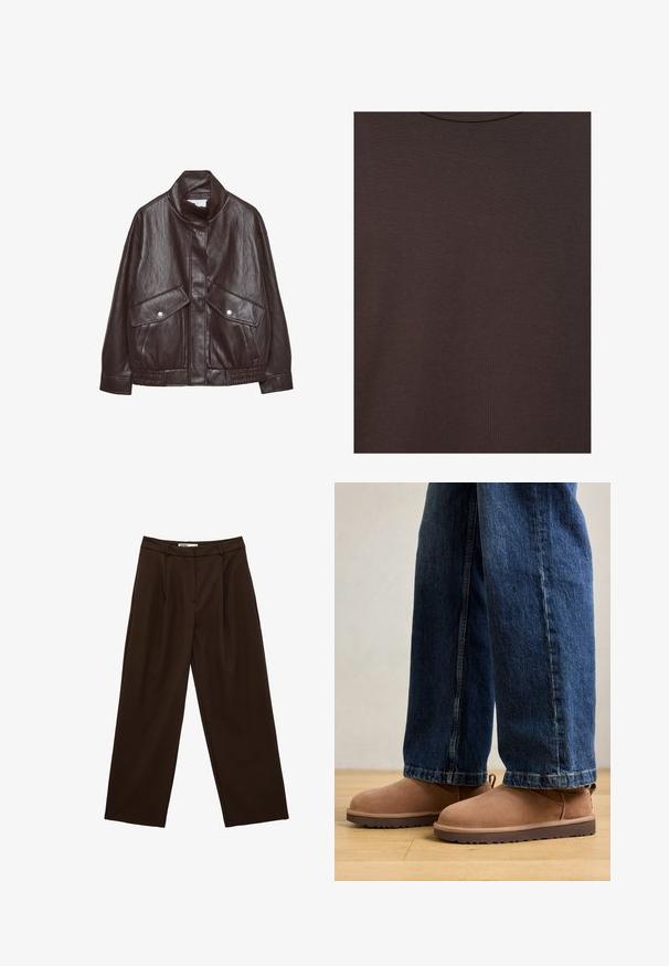 Brun læderjakke med højt krave, to store forlommer, trykknapdetaljer og elastisk talje. Tekstureret, mat finish.; Mørkebrun t-shirt med rund hals lavet af blødt strikket stof med fin ribstruktur.; Mørkebrune, højtaljede viddebenbukser med bæltestropper og frontplisseringer, designet til en afslappet pasform.; Brune ruskinds ankelstøvler med flad sål, rund tå og en lille træktab, parret med blå denimjeans med lige skæring.