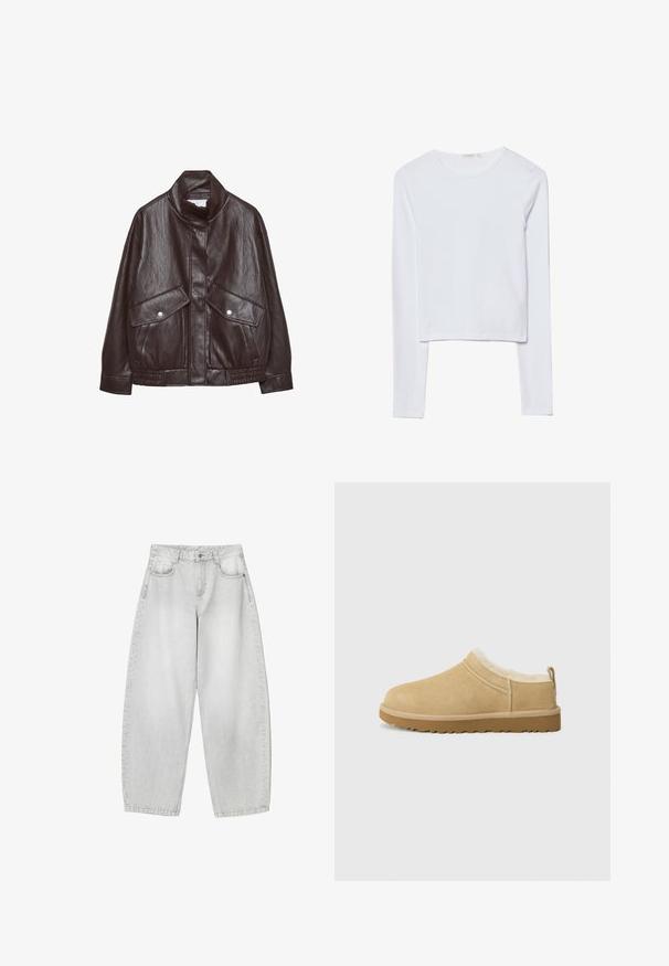 Veste en cuir marron avec un col haut, deux grandes poches avant, des accents de boutons-pression et une taille élastiquée. Fini texturé et mat.; Haut court à manches longues blanc, en coton doux, avec un col rond et une coupe ajustée, comportant des coutures minimes et sans ornements.; Jeans à large jambe de couleur gris clair en denim, avec des poches avant, une taille à bouton et une finition légèrement délavée.; Chaussure en daim à enfiler de couleur beige clair, dotée d'une douce doublure en fourrure et d'une semelle en caoutchouc texturé avec un léger talon et une sangle à l'arrière pour un enfilage facile.