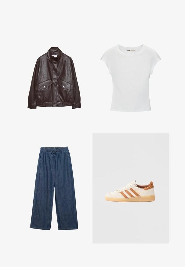 Veste en cuir marron avec un col haut, deux grandes poches avant, des accents de boutons-pression et une taille élastiquée. Fini texturé et mat.; T-shirt en coton blanc avec manches courtes retroussées, encolure ronde et ourlet droit. Texture lisse sans motifs ni accents visibles.; Pantalon en denim bleu à jambes larges avec taille élastique et cordon de serrage, doté de poches latérales et d'une coupe ample.; Baskets en daim blanc avec des accents en maille marron clair et trois bandes marron. Dotées d'une semelle en caoutchouc texturée et du logo "SPEZIAL" sur le côté.