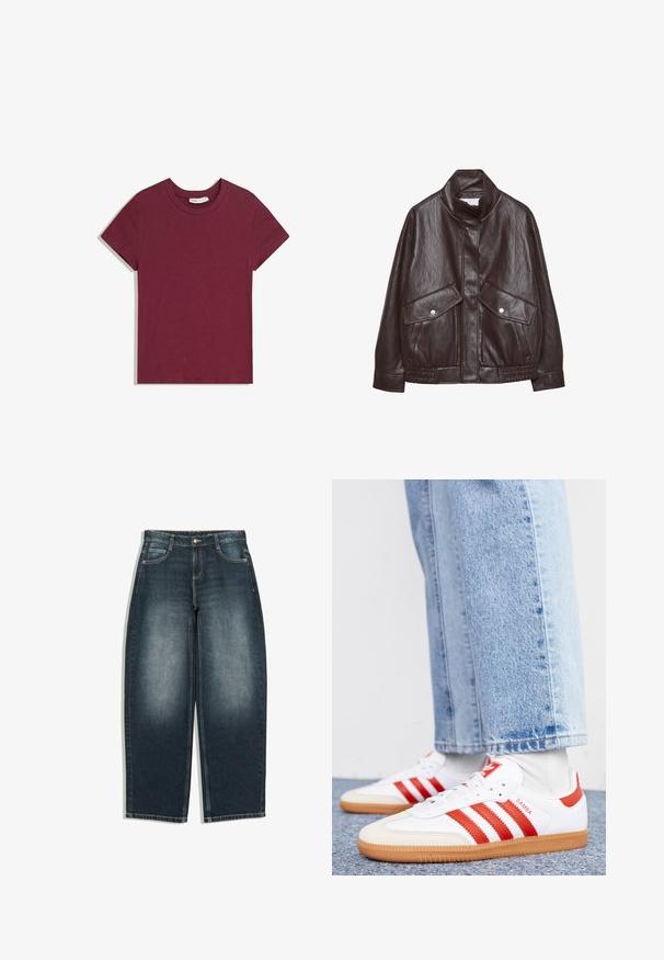 Veste en cuir marron avec un col haut, deux grandes poches avant, des accents de boutons-pression et une taille élastiquée. Fini texturé et mat.; T-shirt à manches courtes avec col rond, de couleur rouge foncé unie, étalé à plat sur un fond blanc.; Jean bleu foncé à jambes larges avec légère décoloration sur l’avant des cuisses, cinq poches, fermeture par bouton et passants de ceinture, présenté à plat sur fond blanc.; Baskets en cuir blanc avec des rayures et des accents rouges. Dotées d'une semelle extérieure en gomme texturée et d'un col rembourré. Portées avec un jean en denim bleu clair.