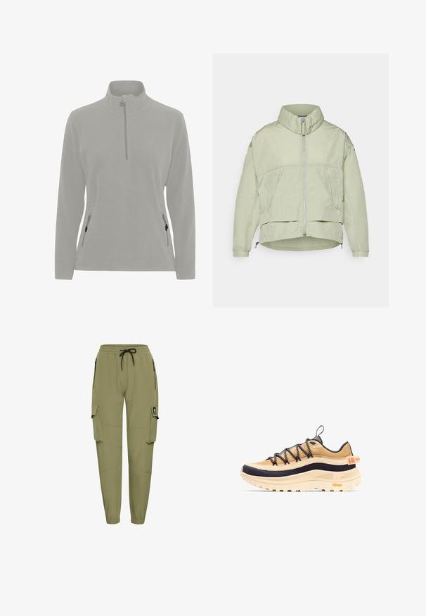 Veste légère vert clair avec un col haut, fermeture éclair devant, deux poches latérales et ourlet ajustable. Texture lisse avec une coupe décontractée.; Pull en polaire gris clair avec un col haut, fermeture éclair demi-zippée, poches latérales avec zippers et une texture lisse. Logo simple sur la poitrine.; Pantalon cargo vert olive avec taille élastique, cordon noir, poches latérales zippées, poches à rabat sur les jambes et poignets élastiques.; Baskets de randonnée basses de couleur marron clair et noire avec une semelle épaisse beige, des lacets noirs et blancs, une étiquette Gore-Tex et une languette arrière avec un détail orange.