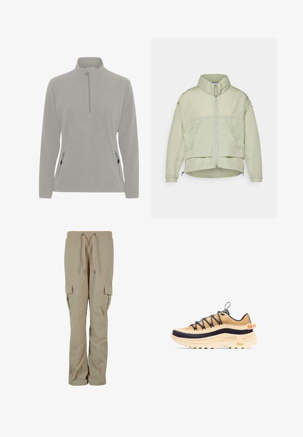 Veste légère vert clair avec un col haut, fermeture éclair devant, deux poches latérales et ourlet ajustable. Texture lisse avec une coupe décontractée.; Pull en polaire gris clair avec un col haut, fermeture éclair demi-zippée, poches latérales avec zippers et une texture lisse. Logo simple sur la poitrine.; Pantalons cargo beiges en tissu léger, dotés d'une taille élastique à cordon de serrage, de poches latérales et d'une coupe décontractée pour le confort.; Baskets de randonnée basses de couleur marron clair et noire avec une semelle épaisse beige, des lacets noirs et blancs, une étiquette Gore-Tex et une languette arrière avec un détail orange.