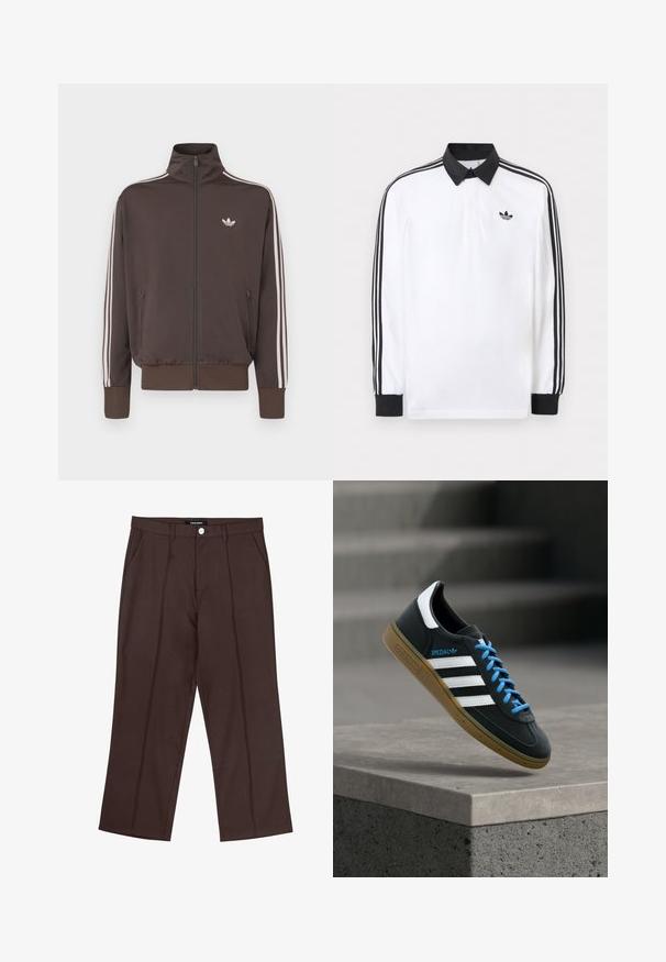 Brun lynlås-trackjakke med høj krave, hvide sidestriber og logo på brystet. Har to lynlåslommer foran og ribkantede ærmer.; Hvid langærmet polo med sort krave, sorte manchetter, sort tre-stribet design på ærmerne og sort Adidas-logo på brystet.; Brune lige ben bukser med frontfolder, lommer i siden, bæltestropper og en mærke knaplukning i taljen.; Sort Adidas sneaker med hvide striber, blå snørebånd og gummisål, der svæver over gråt betontrin i blødt lys.