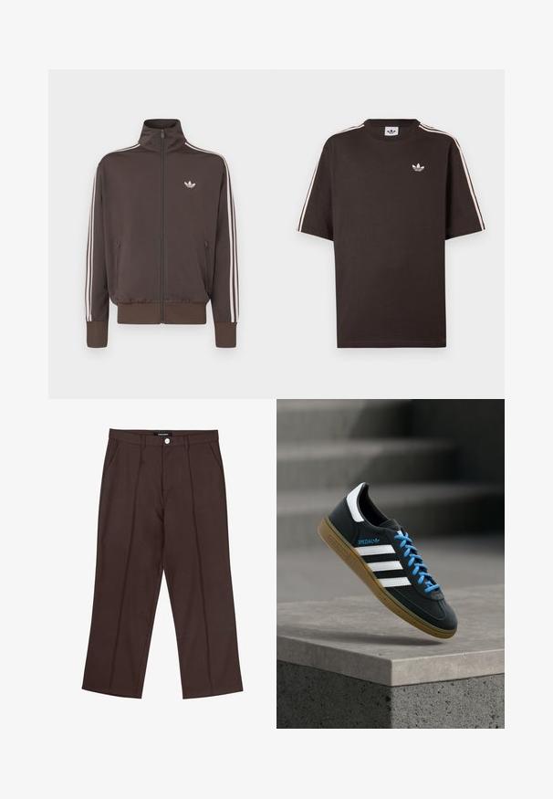 Brun lynlås-trackjakke med høj krave, hvide sidestriber og logo på brystet. Har to lynlåslommer foran og ribkantede ærmer.; Brun bomuld t-shirt med korte ærmer, med hvide striber på skuldrene og et lille hvidt logo på brystet.; Brune lige ben bukser med frontfolder, lommer i siden, bæltestropper og en mærke knaplukning i taljen.; Sort Adidas sneaker med hvide striber, blå snørebånd og gummisål, der svæver over gråt betontrin i blødt lys.