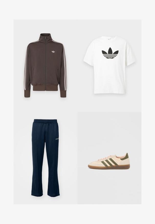 Chaqueta deportiva marrón con cremallera, cuello alto, rayas blancas en los laterales y logo en el pecho. Cuenta con dos bolsillos frontales con cremallera y puños acanalados.; Camiseta de algodón blanca con un gran logo de trébol negro de Adidas y tres franjas horizontales debajo. Manga corta, cuello redondo.; Pantalones de chándal azul marino con cinturilla elástica, piernas rectas y costuras laterales sutiles. Presenta un pequeño logo blanco en la cadera izquierda.; Zapatilla Adidas Spezial beige de perfil bajo con rayas verdes, suela de goma y la marca "SPEZIAL" en el lateral, vista desde el lado exterior.