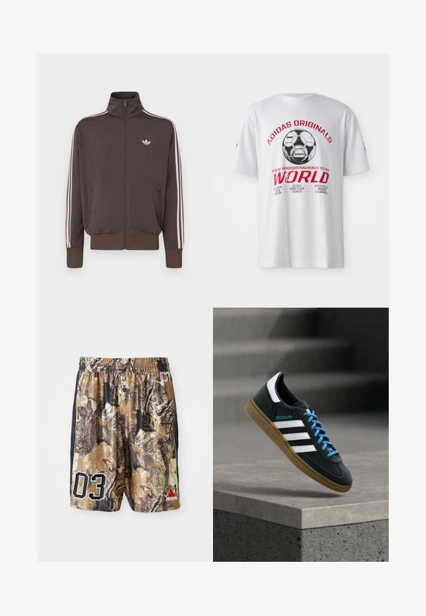 Veste de survêtement marron à fermeture éclair avec col montant, bandes blanches sur les côtés et logo sur la poitrine. Comprend deux poches avant zippées et des poignets côtelés.; T-shirt en coton blanc avec un graphisme imprimé noir et rouge représentant un ballon de football et des noms de villes. Manches courtes, col rond.; Shorts camouflés avec une taille élastique, présentant un mélange de marrons et de noirs, un grand "03" en blanc et un logo Adidas en rouge.; Baskets Adidas noires avec des rayures blanches, des lacets bleus et une semelle en gomme flottant au-dessus d'une marche en béton grise sous une lumière douce.