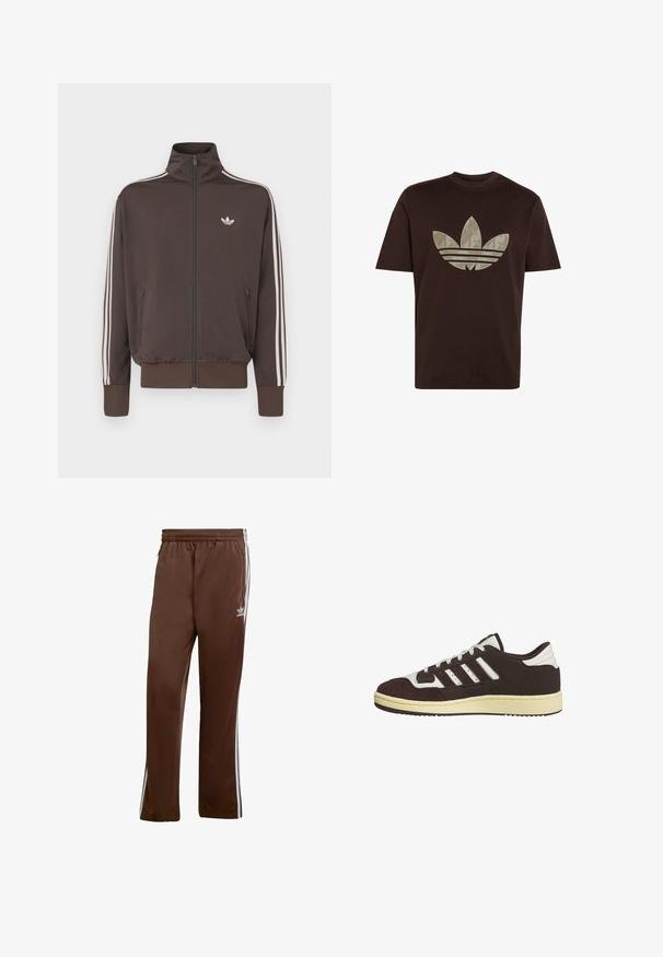 Braune Trainingsjacke mit Reißverschluss, hohem Kragen, weißen Seitenstreifen und Logo auf der Brust. Verfügt über zwei vordere Reißverschlusstaschen und gerippte Bündchen.; Dunkelbraunes T-Shirt mit kurzen Ärmeln und großem beigem Adidas-Trefoil-Logo mit einem dezenten Blattmuster auf der Vorderseite.; Braune Sporthose aus glattem Stoff, mit weißen Seitenstreifen und einem elastischen Bund. Mit Taschen auf beiden Seiten.; Schwarzer und weißer Adidas-Sneaker in niedrigem Schnitt mit Wildleder-Overlays, drei seitlichen Streifen, weißen Schnürsenkeln und beiger Gummisohle.