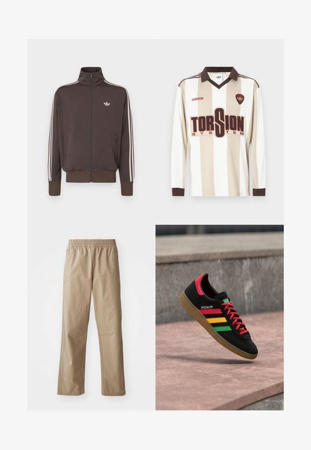 Braune Trainingsjacke mit Reißverschluss, hohem Kragen, weißen Seitenstreifen und Logo auf der Brust. Verfügt über zwei vordere Reißverschlusstaschen und gerippte Bündchen.; Langärmliges Fußballtrikot in Beige mit weißen Streifen; verfügt über einen braunen Kragen und Bündchen, ein großes rotes "TORSION SYSTEM"-Logo und adidas-Branding.; Beige, leichte Hose mit elastischem Bund, geraden Beinen und Seitentaschen. Glatte Textur mit dezenten Steppnähten.; Schwarzer Adidas Spezial Sneaker mit roten, gelben und grünen Streifen, roten Schnürsenkeln, Gummisohle und rotem Fersen-Detail, schwebend über dem Pflaster gezeigt.