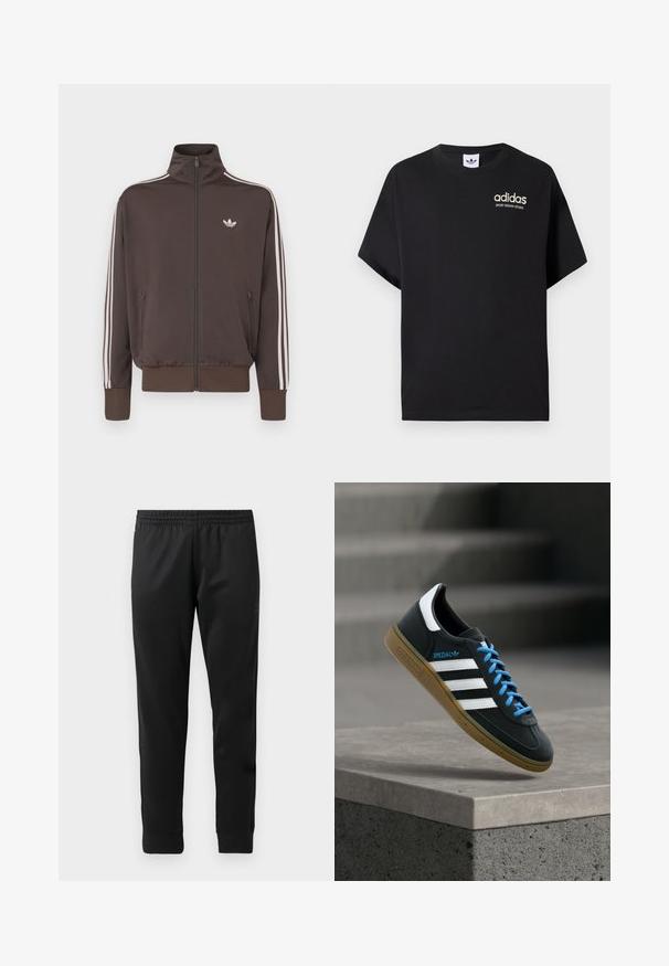 Braune Trainingsjacke mit Reißverschluss, hohem Kragen, weißen Seitenstreifen und Logo auf der Brust. Verfügt über zwei vordere Reißverschlusstaschen und gerippte Bündchen.; Schwarzes Baumwoll-T-Shirt mit kurzen Ärmeln, ausgestattet mit einem Rundhalsausschnitt und einem weißen Adidas-Logo mit "SPORT DESIGN STUDIO" in Gold. Glatte Textur.; Schwarze Sporthosen aus glattem Stoff, mit einem elastischen Bund, schmal zulaufenden Beinen und gerippten Bündchen an den Knöcheln.; Schwarzer Adidas-Sneaker mit weißen Streifen, blauen Schnürsenkeln und Gummisohle, der über einer grauen Betontreppe im weichen Licht schwebt.