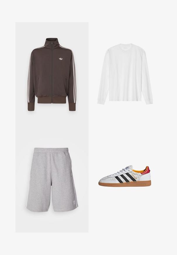 Brun lynlås-trackjakke med høj krave, hvide sidestriber og logo på brystet. Har to lynlåslommer foran og ribkantede ærmer.; Hvid, langærmet t-shirt i bomuld med rund hals, med ribbede ærmeafslutninger og en lige kant, glat tekstur og minimalistisk design.; Grå sportshorts lavet af en blanding af bomuldsstof. Har sidelommer, elastisk talje og hvide sidestriber. Klassisk design.; Hvid Adidas Spezial sneaker med sorte striber, gummisål, quiltet mønster, rød hælflap og gul inderfor, set fra siden.