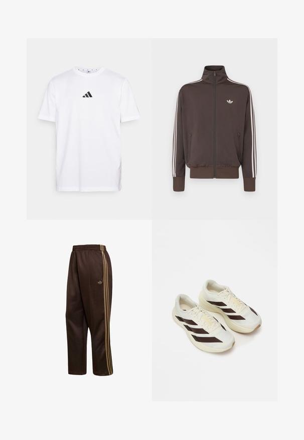 Brun lynlås-trackjakke med høj krave, hvide sidestriber og logo på brystet. Har to lynlåslommer foran og ribkantede ærmer.; Hvid bomulds T-shirt med et lille sort trekantet logo på brystet, korte ærmer og rund halsudskæring. Enkel og klassisk design.; Brune Adidas træningsbukser med elastisk talje og gulddetaljer med tre striber langs siderne, med Adidas trefoil-logo på det ene ben.; Lysecreme løbesko med mørkebrune diagonale striber, tekstureret mesh-overdel og polstret sål. Har gule "ADIZERO" branding.