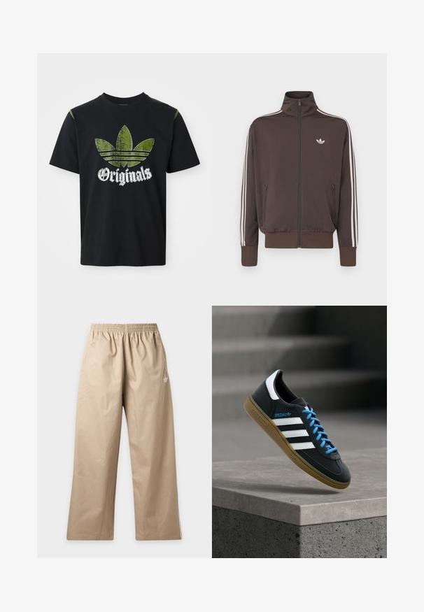 Chaqueta deportiva marrón con cremallera, cuello alto, rayas blancas en los laterales y logo en el pecho. Cuenta con dos bolsillos frontales con cremallera y puños acanalados.; Camiseta de algodón negra con un gráfico verde desgastado que presenta tres rayas y la palabra "Originales" debajo en blanco, cuello redondo, mangas cortas.; Pantalones beige de pierna ancha con cintura elástica, logo de Adidas en el muslo izquierdo y sutiles rayas laterales, mostrados sobre un fondo blanco.; Zapatilla negra Adidas con franjas blancas, cordones azules y suela de goma flotando sobre un escalón de hormigón gris con luz suave.