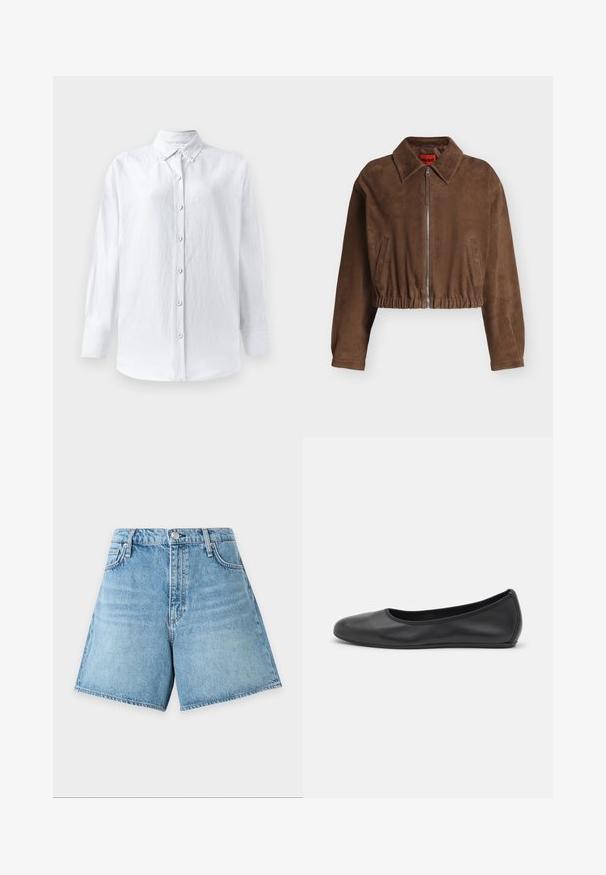 Brun ruskind cropped jakke med lynlås foran, bred krave, elastisk kant og to lodrette sidelommer.; Hvid, knappet skjorte lavet af tekstureret stof, med krave, lange ærmer og en frontplade med seks synlige knapper.; Lyseblå denimshorts med knap og lynlås foran, bæltestropper og fem-lomme-design på en ensartet lys baggrund.; Sort læderballetsko med rund tå, glat tekstur, minimal syning og et fleksibelt såldesign.