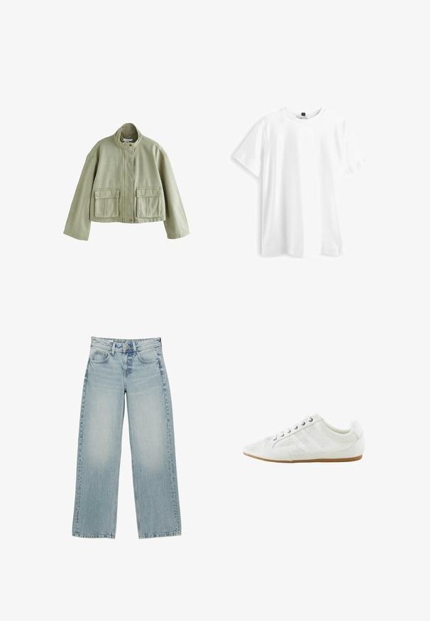 Lys grøn cropped jakke med stående krave, foran trykknapper og to store klaplommer foran.; Hvid bomulds t-shirt med korte ærmer, rund hals og en let løs pasform. Enkelt design, ingen mønstre eller yderligere accenter.; Lysblå denim bredbukser med høj talje, der har fem lommer, knaplukning og subtile falmninger for en slidt effekt.; Hvid lavtop sneaker med snørebånd, meshpaneler og brun gummisål, vist fra indersiden.