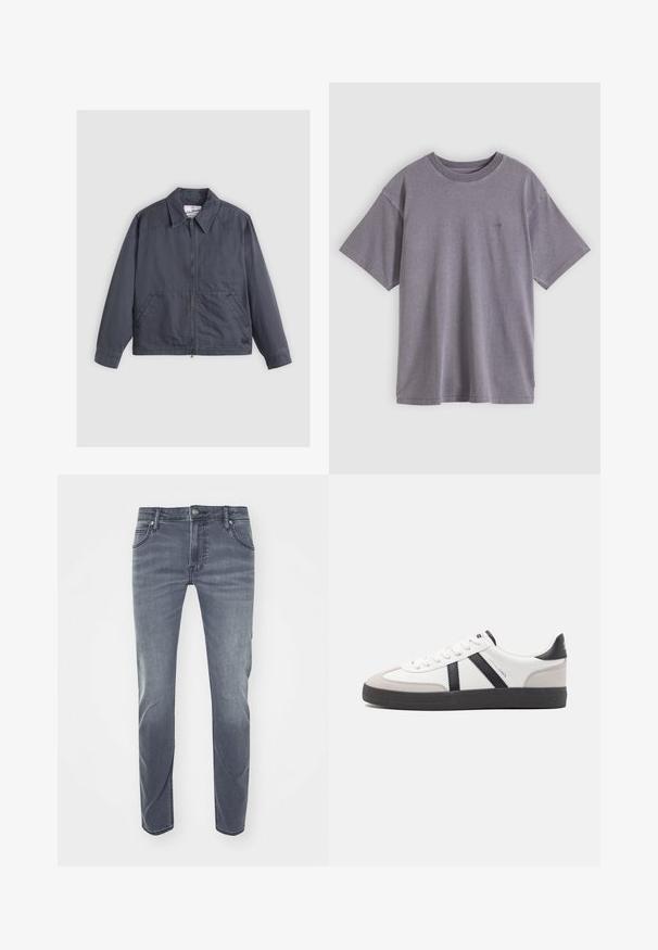 Veste gris foncé avec zip à l'avant, col pointu, deux poches latérales et détails de couture subtils. Fabriquée en tissu lisse.; T-shirt en coton gris avec un col rond, des manches courtes et un petit logo imprimé sur le côté gauche de la poitrine. Texture douce et coupe décontractée.; Jeans en denim bleu foncé avec une coupe droite, un léger délavage, des passants de ceinture, des poches avant et un petit logo sur la taille.; Baskets blanches avec des accents noirs et gris, présentant un embout texturé gris, une semelle en caoutchouc noir et des lacets plats blancs. Design épuré, style minimaliste.