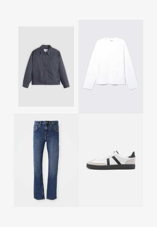 Chaqueta gris oscuro con cierre de cremallera en la parte frontal, collar puntiagudo, dos bolsillos laterales y detalles de costura sutiles. Fabricada con una tela suave.; Camiseta blanca lisa de manga larga con cuello redondo, corte holgado y etiqueta de la marca visible en el cuello, colocada plana sobre un fondo claro.; Jeans de mezclilla azul claro con un diseño de pierna recta, estilo de cinco bolsillos y cierre de botón metálico. Presenta costuras sutiles y una textura suave.; Zapatilla blanca con acentos en negro y gris, que presenta una puntera texturizada en gris, suela de goma negra y cordones planos blancos. Diseño limpio, estilo minimalista.