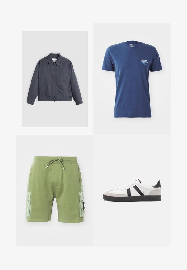 Veste gris foncé avec zip à l'avant, col pointu, deux poches latérales et détails de couture subtils. Fabriquée en tissu lisse.; T-shirt en coton bleu marine avec manches courtes, encolure ronde et un design graphique d'une main et de texte sur la partie gauche de la poitrine.; Shorts en coton verts avec taille élastique et cordon de serrage. Comprend deux poches cargo latérales et des accents de panneaux texturés sur les côtés.; Baskets blanches avec des accents noirs et gris, présentant un embout texturé gris, une semelle en caoutchouc noir et des lacets plats blancs. Design épuré, style minimaliste.