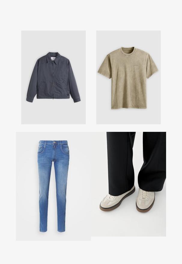 Mørkegrå jakke med lynlås foran, spids krave, to sidelommer og subtile syninger. Fremstillet af et glat stof.; Lysbrun, kortærmet t-shirt med rund hals, lavet af blødt stof. Har et lille, broderet logo på brystet.; Blå denimjeans med slim fit. Har fem lommer, lukning med knap foran og let falming på benene. Lige benudskæring.; Fødder iført beige sneakers med brune såler og sorte bukser med vide ben på hvid baggrund.