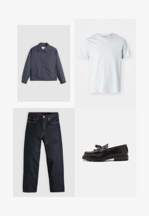 Mørkegrå jakke med lynlås foran, spids krave, to sidelommer og subtile syninger. Fremstillet af et glat stof.; Lys grå, kortærmet t-shirt lavet af blødt stof, med en rund hals og en let afslappet pasform. Ingen synlige mønstre eller grafik.; Mørkeblå denimjeans med lige pasform, fem lommer, kontrasterende orange syning og knaplukning. Ingen synlige mønstre eller udsmykninger.; Sorte læderloafer med et mokkasindesign, der har en dekorativ frynse og kvast, tekstureret overflade og kraftig gummisål.
