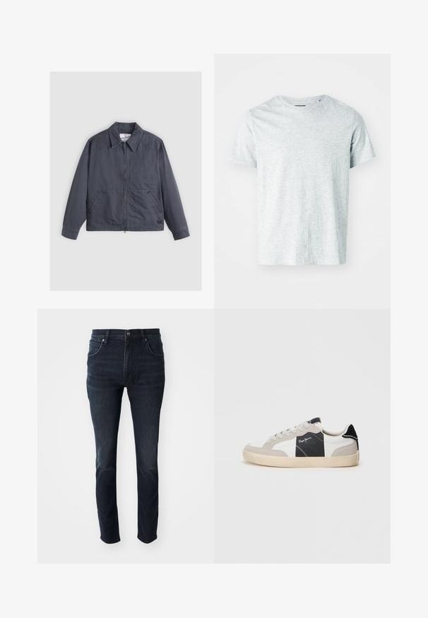 Mørkegrå jakke med lynlås foran, spids krave, to sidelommer og subtile syninger. Fremstillet af et glat stof.; Lys grå, kortærmet t-shirt lavet af blødt stof, med en rund hals og en let afslappet pasform. Ingen synlige mønstre eller grafik.; Mørkeblå denimjeans med lige ben, fem-lomme design og en subtil falmeeffekt på lårene, med metalknaplukning.; Hvide og grå lavtop sneakers lavet af ruskind og læder. Har en sort accent, hvid syning og en gummisål.