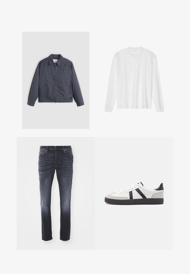 Chaqueta gris oscuro con cierre de cremallera en la parte frontal, collar puntiagudo, dos bolsillos laterales y detalles de costura sutiles. Fabricada con una tela suave.; Camiseta blanca de algodón de manga larga con cuello redondo, con puños acanalados y dobladillo recto, textura suave y diseño minimalista.; Vaqueros de mezclilla gris oscuro con un diseño clásico de pierna recta, que incluyen bolsillos frontales, cremallera con cierre de botón y un ligero desgastado.; Zapatilla blanca con acentos en negro y gris, que presenta una puntera texturizada en gris, suela de goma negra y cordones planos blancos. Diseño limpio, estilo minimalista.
