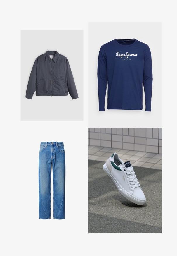 Mørkegrå jakke med lynlås foran, spids krave, to sidelommer og subtile syninger. Fremstillet af et glat stof.; Marineblå langærmet t-shirt lavet af bomuld, med et hvidt logo "Pepe Jeans London" trykt på forsiden. Enkel rund halsudskæring og glat tekstur.; Lys blå denim jeans med høj talje, vidde ben og skrå yokesømme. Har fem lommer og knaplukning.; Hvide lædersneakers med grønne og beige accenter, der har en tekstureret sål, rund tå og traditionelt snørrebåndsdesign.