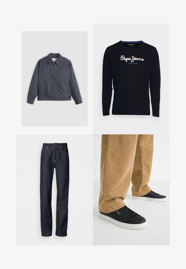 Mørkegrå jakke med lynlås foran, spids krave, to sidelommer og subtile syninger. Fremstillet af et glat stof.; Langærmet sort t-shirt lavet af bomuldsstof, med hvid og blå logo tekst "Pepe Jeans London" centreret på brystet.; Mørkeblå denimjeans med lige pasform, udstyret med kobberbroderi, femlommesdesign og klassisk lynlås og knaplukning.; Sorte lædersneakers med hvide gummisåler. Båret med tanfarvede corduroybukser med vertikale ribber og en afslappet pasform.