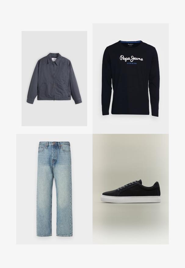 Mørkegrå jakke med lynlås foran, spids krave, to sidelommer og subtile syninger. Fremstillet af et glat stof.; Langærmet sort t-shirt lavet af bomuldsstof, med hvid og blå logo tekst "Pepe Jeans London" centreret på brystet.; Lysblå denimjeans med lige ben-design, fem lommer og bronze hardware. Minimal falming med en ren finish.; Sort lavsko-sneaker med hvid gummisål, snøredesign og polstret krave vist på en neutral grå baggrund.