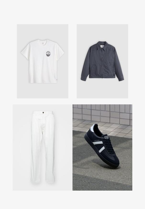Dunkelgrau Jacke mit durchgehendem Reißverschluss, spitzem Kragen, zwei Seitentaschen und feinen Nähten. Hergestellt aus einem glatten Stoff.; Weißes Baumwoll-T-Shirt mit kurzen Ärmeln, Rundhalsausschnitt und einem schwarzen runden Logo auf der linken Brust, das ein stilisiertes Design zeigt.; Weiße Baumwollhosen mit lockerer Passform, ausgestattet mit einem Knopfverschluss, zwei vorderen Falten und Seitentaschen. Glatte Textur, ohne Muster.; Schwarze Leder-Sneaker mit weißen Streifen, strukturiertem Gummisohle und Schnürung. Verfügt über ein Markenetikett auf der Zunge.
