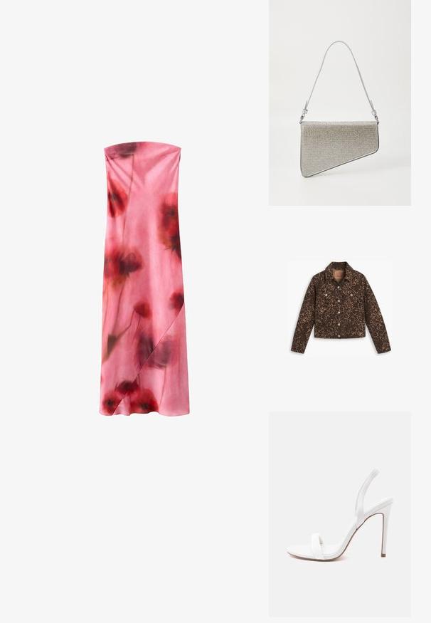 Veste en denim imprimée léopard avec un col, fermeture à boutons, deux poches avant et un design court dans des tons de marron et de noir.; Robe maxi rose sans bretelles avec des motifs floraux rouges doux et foncés et un détail subtil façon portefeuille sur la jupe.; Sandale blanche à talons hauts avec une fine bride à la cheville et un design à bout ouvert sur un fond clair uni.; Pochette de forme triangulaire, recouverte d'un tissu en mailles argentées. Équipée d'une fine sangle réglable et d'accents en métal.