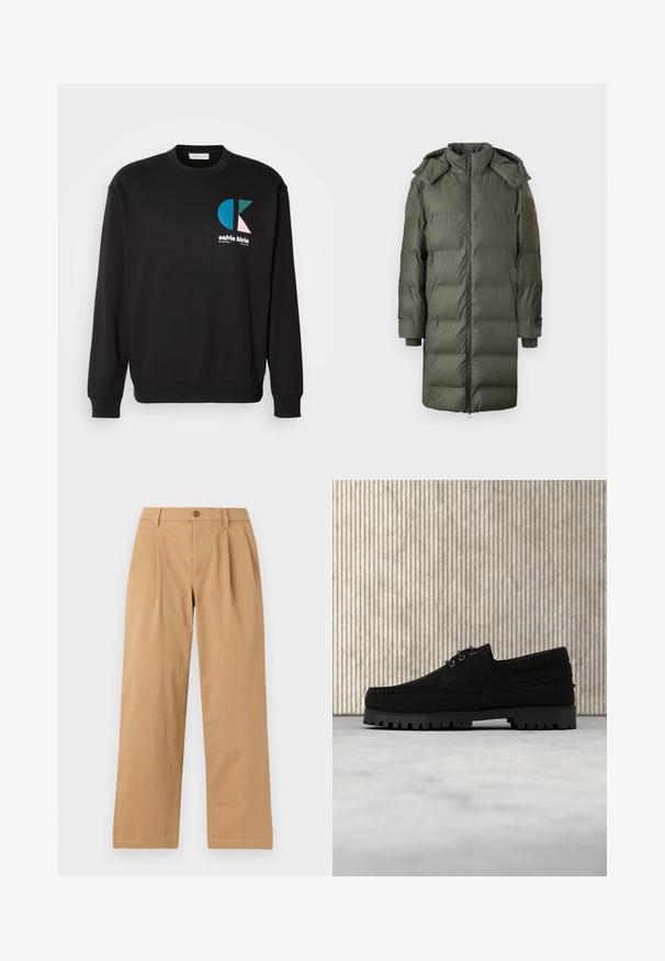 Langer, isolierter Puffermantel in dunklem Olivgrün. Mit hohem Kragen, Reißverschluss, Kapuze und gerippten Bündchen. Glatte Textur mit gesteppten Einsätzen.; Schwarzes Sweatshirt mit Rundhalsausschnitt und langen Ärmeln, mit einem bunten CK-Logo in Blau, Grün und Pink auf der Vorderseite. Glatte Textur.; Hellbraune, gerade geschnittene Hose mit Bügelfalten vorne, Gürtelschlaufen und Knopfverschluss am Bund vor einfarbigem Hintergrund.; Schwarzer Schnürschuh mit dicker, profilierter Sohle schwebt über beigem Teppich, brauner moderner runder Tisch vor weichem, beleuchtetem Hintergrund.