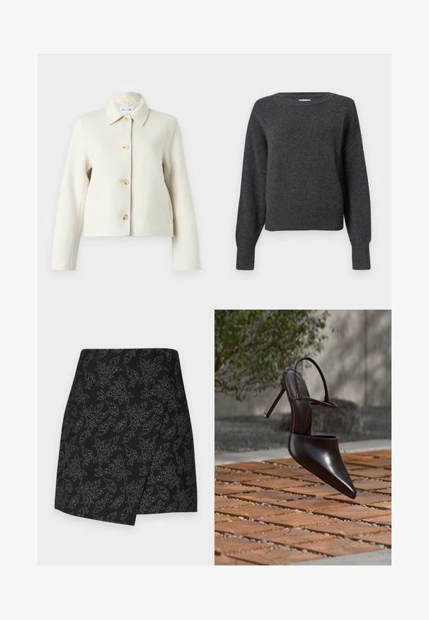 Kremfarvet uldblandet jakke med krave, fire store lyse knapper og lange ærmer. Glat tekstur og kort design.; Mørkegrå strikket sweater med rund udskæring, faldende skuldre og ribstrikkede manchetter og kant. Blød tekstur og let cropped pasform.; Sort nederdel med et omslagdesign, der har et bladmønster i sølvtoner. Glat tekstur med en asymmetrisk kant, der går til midten af låret.; Blank højhælet mule med spids tå og ankelrem, svævende over en terracottaflisebelagt overflade med grusfyldte mellemrum.