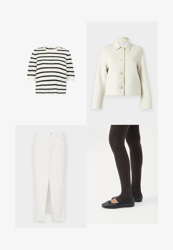 Veste crème en mélange de laine avec un col, quatre grands boutons clairs et des manches longues. Texture lisse et coupe courte.; Pull à manches courtes en tissu doux et duveteux, présentant des rayures horizontales noires et blanches, un col rond et une coupe décontractée.; Jupe en denim blanc avec une fente à l'avant, dotée d'une fermeture par bouton et fermeture éclair, cinq poches et un ourlet brut en bas.; Jambes portant des leggings côtelés foncés associés à des ballerines noires avec de petits détails en nœud sur fond blanc.
