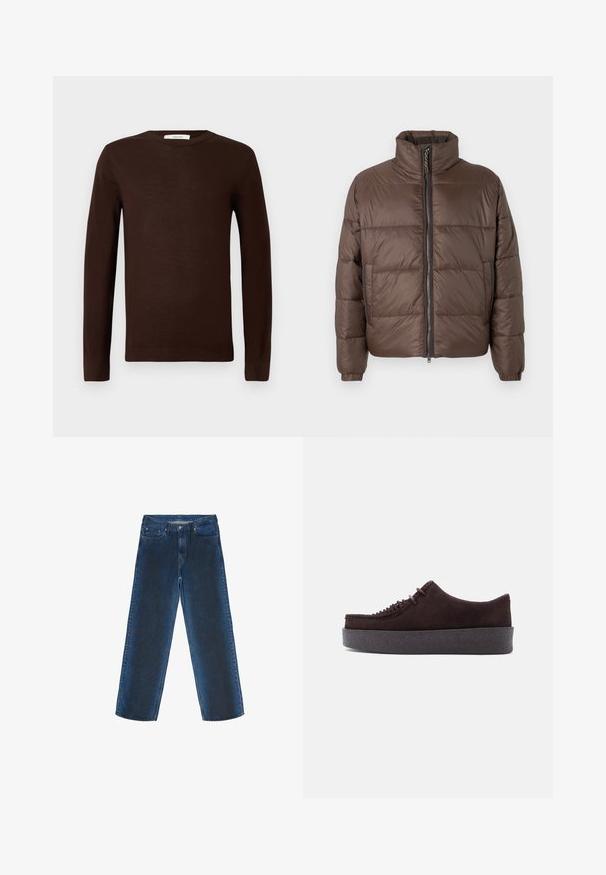 Braune Pufferjacke mit hohem Kragen, gesteppter Optik, seitlichen Taschen und durchgehendem Reißverschluss; aus glänzendem, glattem Stoff.; Dunkelbrauner langärmeliger Rundhalsausschnitt-Pullover mit gerippten Bündchen und Saum, auf einem schlichten weißen Hintergrund präsentiert.; Blaue Jeans aus Denim mit geradem Bein, ausgestattet mit frontalen Taschen, einem Knopfverschluss und einer dezenten, ausgeblichenen Textur.; Dunkelbrauner Plateauschuh aus Wildleder mit dicker, strukturierter Sohle und geflochtenem Schnürdetail oben, seitlich auf einem schlichten hellen Hintergrund gezeigt.