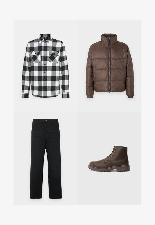 Braune Pufferjacke mit hohem Kragen, gesteppter Optik, seitlichen Taschen und durchgehendem Reißverschluss; aus glänzendem, glattem Stoff.; Schwarz-weißes Flanellhemd mit Karomuster, ausgestattet mit zwei Brusttaschen, Knopfleiste und Kragen. Weicher, strukturierten Stoff.; Schwarze Denim-Hose mit geradem Bein, ausgestattet mit einem vorderen Knopfverschluss, zwei Seitentaschen und feiner Textur.; Braune Leder-Schnürstiefelette mit dickem, robustem Profilsohle und Metallösen, Seitenansicht vor einem schlichten hellgrauen Hintergrund.
