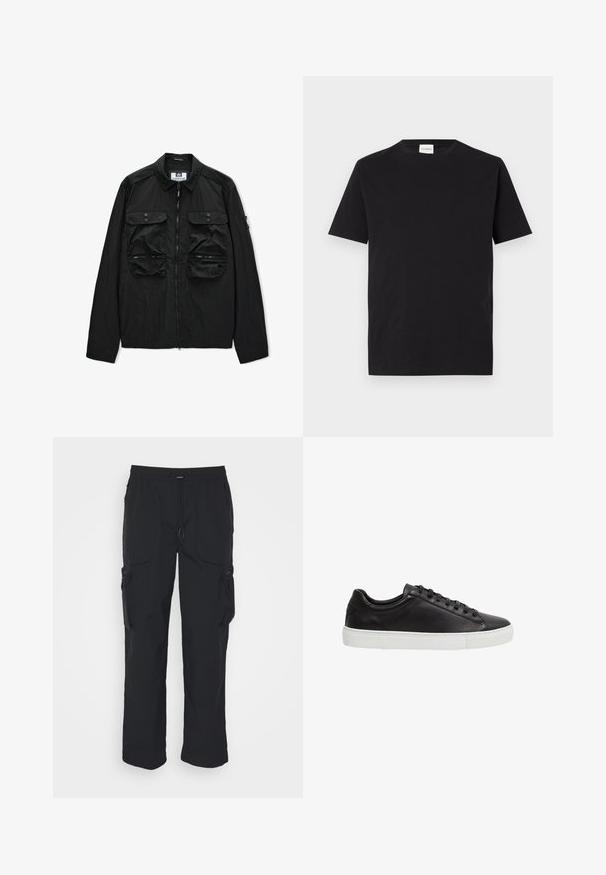 Sort let vægt jakke med fuld lynlås foran, to brystlommer med knapper og to nederste lommer med lynlås, krave foldet ned.; Sort bomulds T-shirt med rund hals og korte ærmer. Har et lige snit og et minimalistisk design, med et mærke synligt ved kraven.; Sorte cargo-bukser lavet af vævet stof. Har justerbar talje, sidelommer og to værktøjslommer med lynlås.; Sort lavtskåret lædersneaker med sorte snørebånd og hvid gummisål, set fra siden på en hvid baggrund.