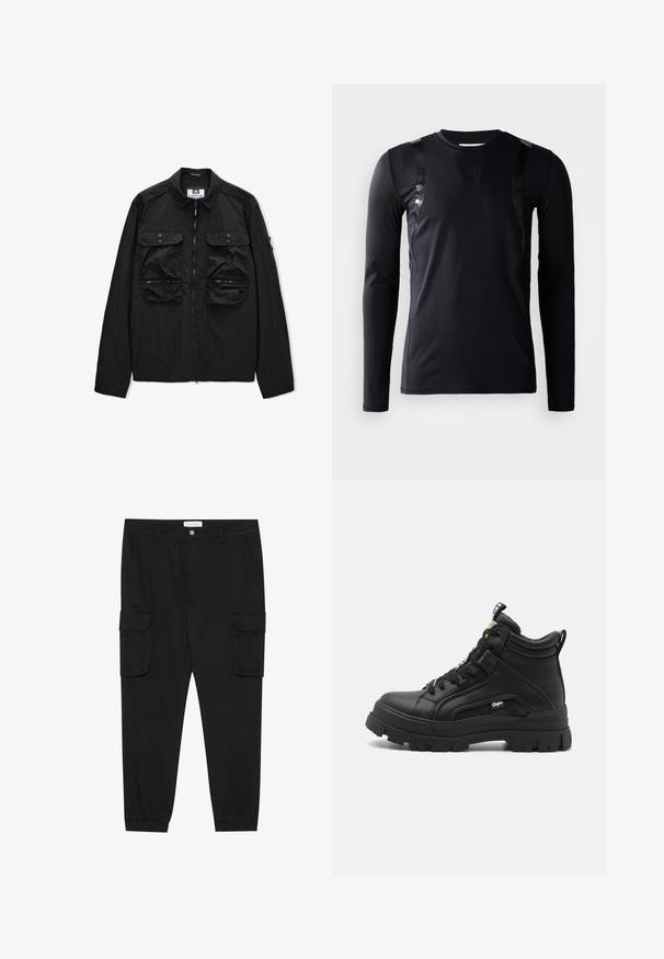 Zwarte lichtgewichtjas met volledige ritssluiting aan de voorkant, twee borstzakken met knopen en twee onderste zakken met rits, kraag naar beneden gevouwen.; Zwarte lange-mouwen sportshirt gemaakt van glad, rekbaar materiaal. Kenmerkt zich door glanzende zwarte accenten op de schouders en een Adidas-logo op de borst.; Zwarte cargobroek met rechte pijpen, elastische boorden en meerdere zijzakken. Gemaakt van een gestructureerde stof met een knoopsluiting.; Zwarte hoge schoenen van gestructureerd leer, met een dikke rubberen zool, vetersluiting aan de voorkant en een klein logo detail aan de zijkant.