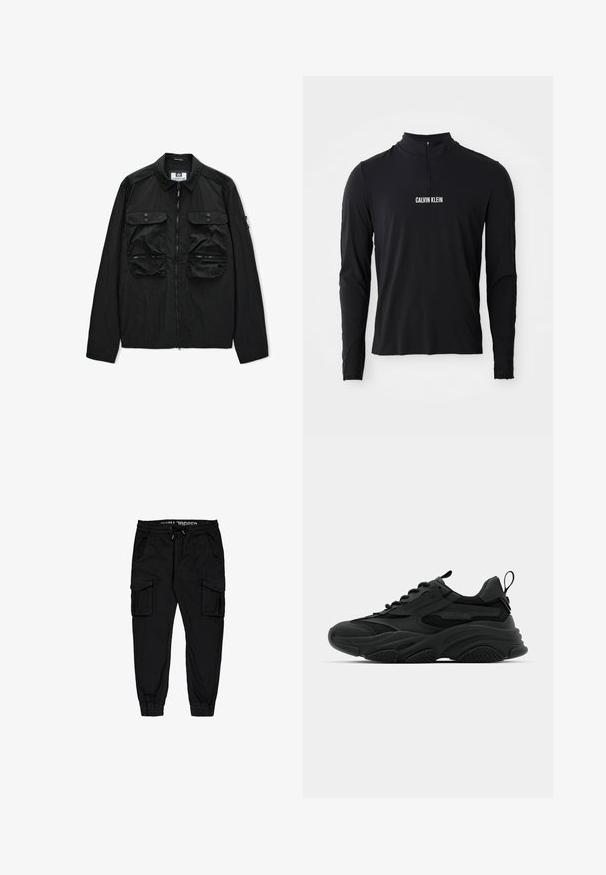 Sort let vægt jakke med fuld lynlås foran, to brystlommer med knapper og to nederste lommer med lynlås, krave foldet ned.; Sort langærmet top med høj krave, der har en kvartlynlås og hvid "CALVIN KLEIN" logo på forsiden. Glat, strækbart stof.; Sorte cargobukser lavet af letvægtsstof, med elastisk talje, snor, og flere sidelommer samt tætsiddende cuffs.; Sorte atletiske sneakers med en kraftig sål, meshpaneler og gummidetaljer. Har en trækflap ved hælen og strukturerede mønstre.