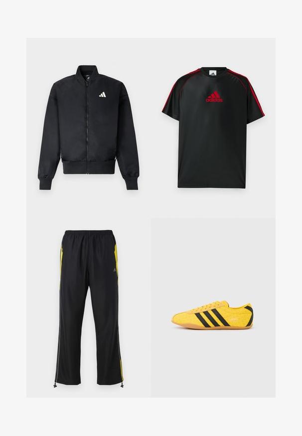 Sort bomberjakke med lynlås foran, ribstrikkede manchetter og et lille hvidt logo på venstre bryst. Glat stof med en struktureret pasform.; Sort atletisk t-shirt med røde detaljer og logo. Fremstillet af glat, let stof. Har rund hals og korte ærmer.; Sorte træningsbukser med gule sideaccenter, elastisk talje og lynlåslommer på siden. Fremstillet af let og glat stof.; Gul atletiksko med en tekstureret overdel, der har sorte striber og logo. Rundt tå, blød sål og zigzag-mønster på materialet.