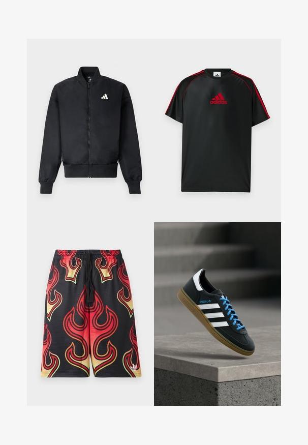 Blouson aviateur noir avec fermeture éclair sur le devant, poignets côtelés et petit logo blanc sur le côté gauche de la poitrine. Tissu lisse avec une coupe structurée.; T-shirt de sport noir avec des accents rouges et un logo. Confectionné en tissu lisse et léger. Doté d'un col rond et de manches courtes.; Shorts en mesh noir avec des motifs de flammes rouges, orange et jaunes et un petit logo blanc près de l'ourlet inférieur sur la jambe droite.; Baskets Adidas noires avec des rayures blanches, des lacets bleus et une semelle en gomme flottant au-dessus d'une marche en béton grise sous une lumière douce.