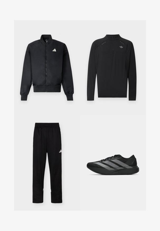 Blouson aviateur noir avec fermeture éclair sur le devant, poignets côtelés et petit logo blanc sur le côté gauche de la poitrine. Tissu lisse avec une coupe structurée.; Haut de sport noir à manches longues avec zip quart, col haut, logo adidas réfléchissant sur la poitrine et petits détails de couture réfléchissants aux épaules.; Pantalon de sport noir avec taille élastique et logo Adidas blanc sur la cuisse droite sur fond uni.; Chaussures de sport noires au design léger, présentant trois rayures grises marquées, une texture lisse et une semelle profilée.