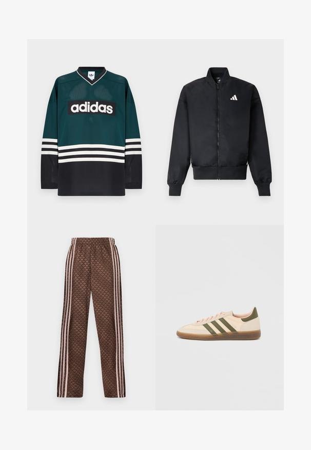 Zwarte bomberjack met een rits aan de voorkant, geribbelde manchetten en een klein wit logo op de linkerborst. Gladde stof met een gestructureerde pasvorm.; Groen-zwart Adidas-shirt met een V-hals, lange mouwen, een mesh textuur en een opvallend wit logo over de borst met gestreepte accenten.; Bruine trainingsbroek met lichtroze verticale strepen aan de zijkanten en een herhalend bladpatroon over de hele broek, elastische tailleband, recht gesneden pijpen.; Beige Adidas Spezial sneaker met een laag profiel, groene strepen, een gumkleurige zool en "SPEZIAL" branding aan de zijkant, gezien vanaf de buitenzijde.