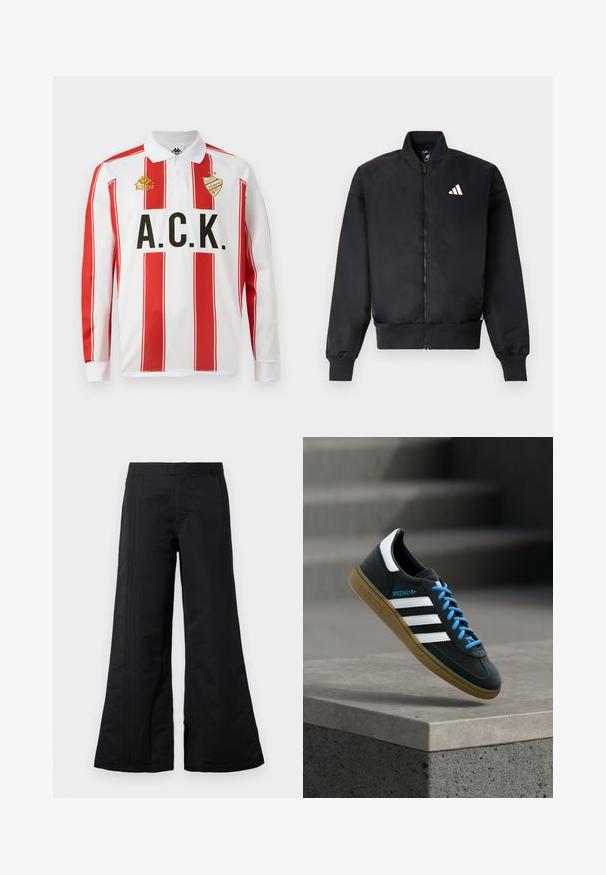 Blouson aviateur noir avec fermeture éclair sur le devant, poignets côtelés et petit logo blanc sur le côté gauche de la poitrine. Tissu lisse avec une coupe structurée.; Polo à manches longues, blanc avec des rayures verticales rouges, avec le lettrage noir "A.C.K." et le logo doré "Kappa" sur la poitrine gauche.; Pantalon large noir en tissu lisse, avec des plis sur le devant et une taille. Design épuré sans motifs ni accents visibles.; Baskets Adidas noires avec des rayures blanches, des lacets bleus et une semelle en gomme flottant au-dessus d'une marche en béton grise sous une lumière douce.
