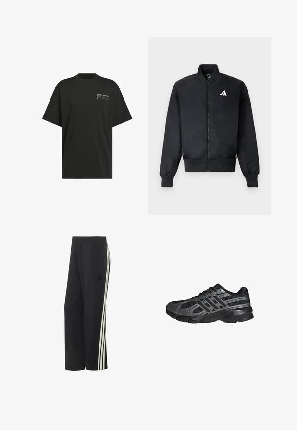 Schwarze Bomberjacke mit Reißverschluss vorne, gerippten Bündchen und kleinem weißen Logo auf der linken Brust. Glatter Stoff mit einer strukturierten Passform.; Schwarzes T-Shirt mit kurzen Ärmeln aus Baumwolle. Verfügt über einen kleinen weißen Grafikdruck auf der linken Brustseite. Klassisches, gerade geschnittenes Design.; Schwarze Adidas Trainingshose mit elastischem Bund und drei weißen Streifen entlang der Außenseite jedes Beins.; Schwarze Sportschuhe aus Netz- und synthetischem Material, mit einer strukturierten Oberfläche, mehreren grauen Streifen und einem gepolsterten Schaft.