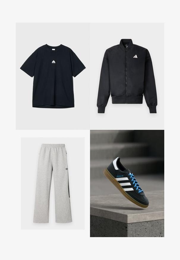 Blouson aviateur noir avec fermeture éclair sur le devant, poignets côtelés et petit logo blanc sur le côté gauche de la poitrine. Tissu lisse avec une coupe structurée.; T-shirt en coton noir avec un col rond, des manches courtes et un petit logo graphique blanc sur la poitrine. Texture douce, coupe décontractée.; Pantalon de jogging large gris clair avec taille élastique et logo Adidas trefoil noir sur la cuisse droite.; Baskets Adidas noires avec des rayures blanches, des lacets bleus et une semelle en gomme flottant au-dessus d'une marche en béton grise sous une lumière douce.