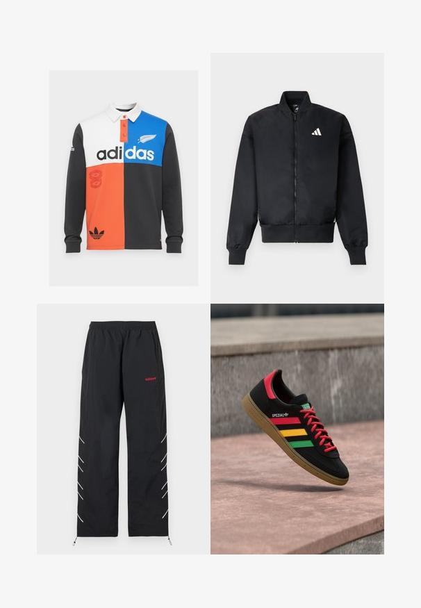 Sort bomberjakke med lynlås foran, ribstrikkede manchetter og et lille hvidt logo på venstre bryst. Glat stof med en struktureret pasform.; Farvet opdelt langærmet polo shirt i sort, hvid, orange og blå, med krave, knaplukning og fremtrædende Adidas branding.; Sorte Adidas træningsbukser med elastisk taljebånd, rødt logo på højre lår, hvide diagonale striber på benenes sider og justerbare ankelstropper.; Sort Adidas Spezial-sneaker med røde, gule og grønne striber, røde snørebånd, gummisål og rødt hældetalje, vist svævende over fortovet.