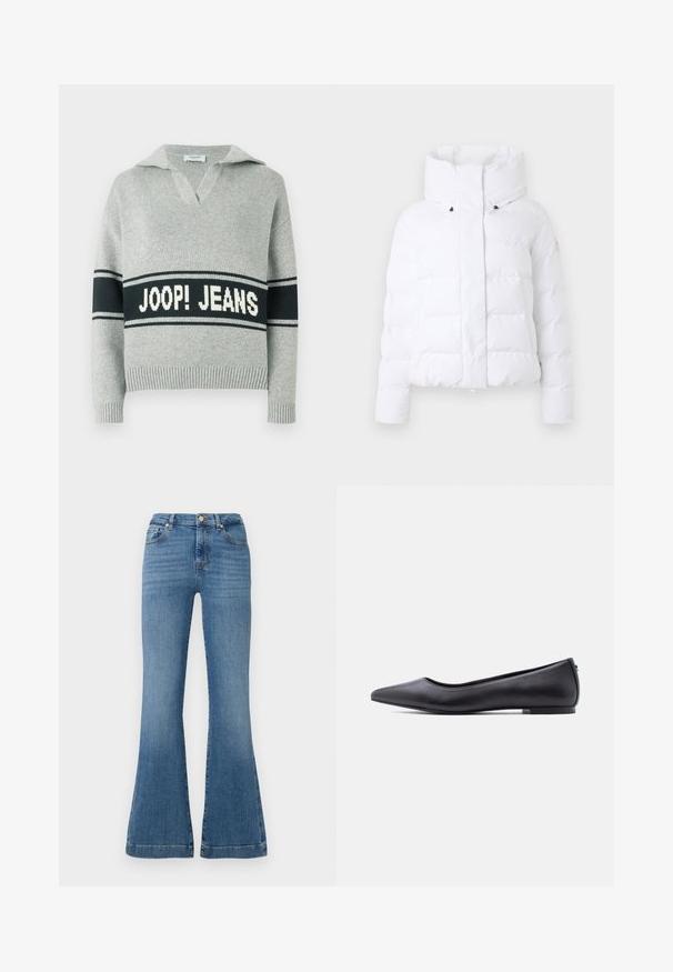 Hvid pufferjakke med høj krave, quiltet design, frontlynlås og sorte hardware-detaljer. Ingen yderligere mønstre eller teksturer.; Lysegrå striktrøje med bred sort stribe og hvid "JOOP! JEANS" tekst over brystet, åben krave samt ribstrikkede manchetter og kant.; Blå flagrende jeans lavet af denim, med høj talje, fem-lomme design og subtil falming, samt synlige syninger.; Sort flad lædersko med spidst tåparti og lav hæl, vist i sideprofil mod en hvid baggrund.